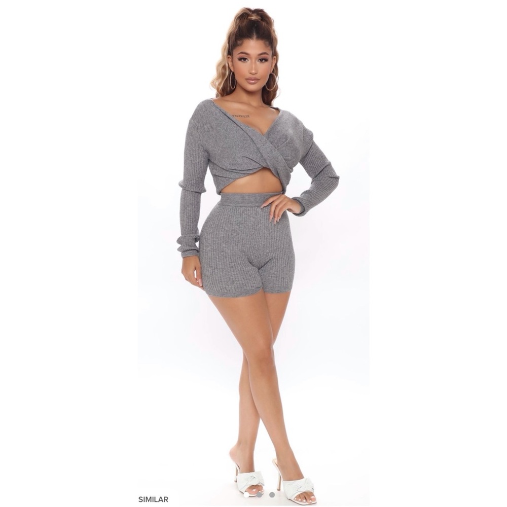 Grey Ribbed 2 Piece Short Set